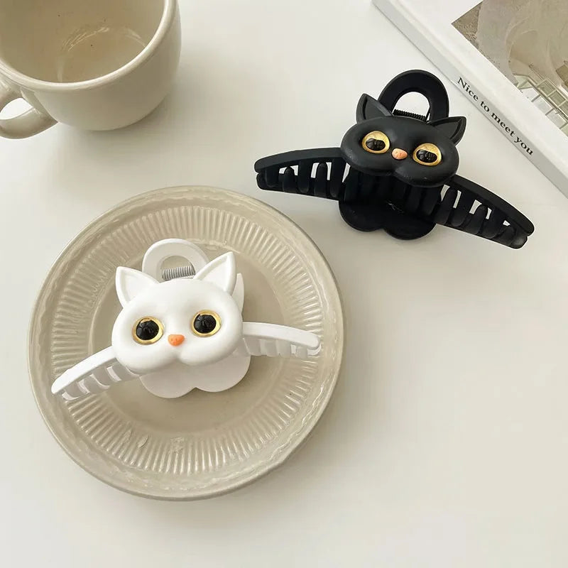 Cartoon Cat - Hairpin for Women Black White Design Hair Clips