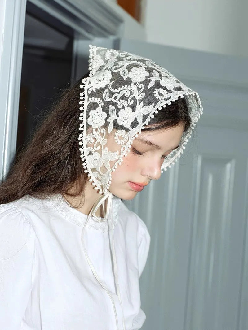 White Woven - Floral Lace Hair Scarf