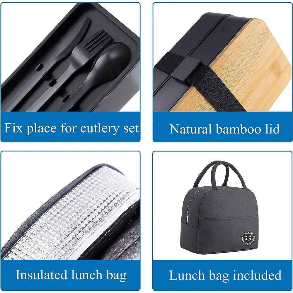 Lunch Box -with Insulated Bag Microwaveable Divided Large Capacity Bento Box